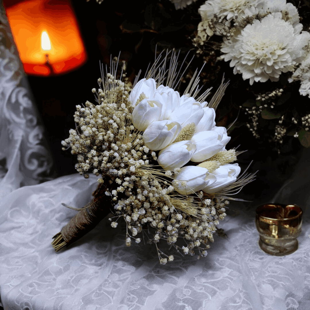 white tulip artificial bouquet with baby's breath and satin wrap