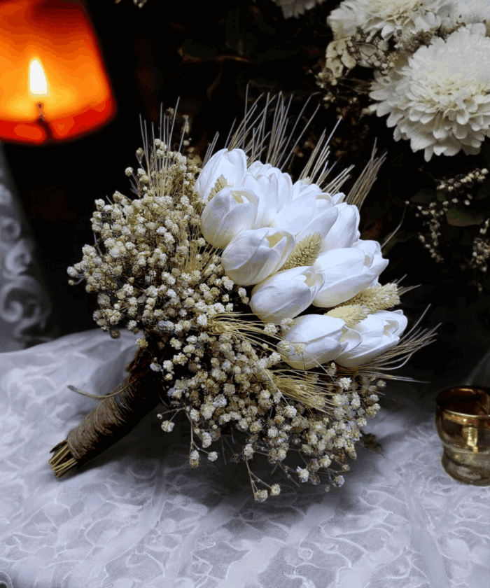 white tulip artificial bouquet with baby's breath and satin wrap