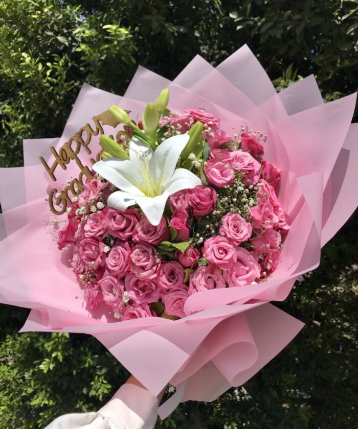 Pink Roses & White Lily Celebration