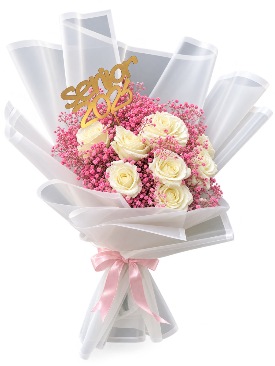 Graceful White Roses & Pink Mist
